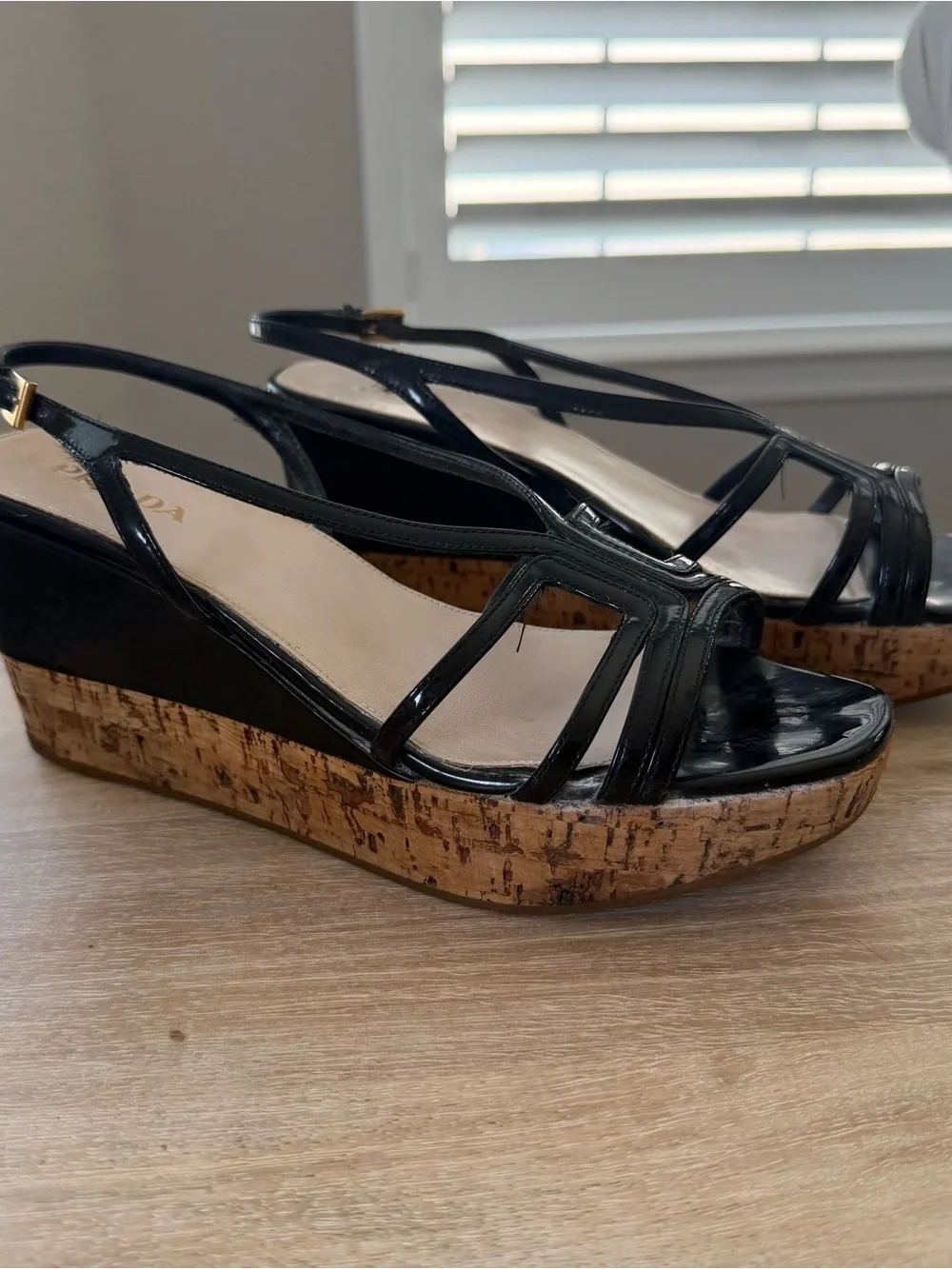 Prada Black Patent Cork Wedges